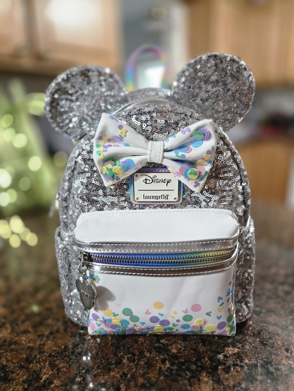 Loungefly Silver Sequin Mini Backpack with Confetti Bow